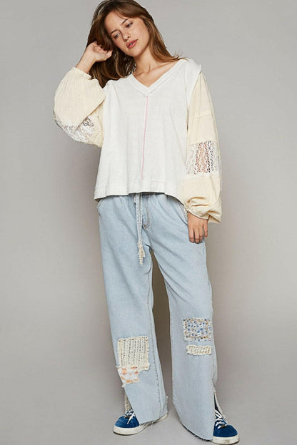 POL Balloon Sleeve Crochet Patch Top.