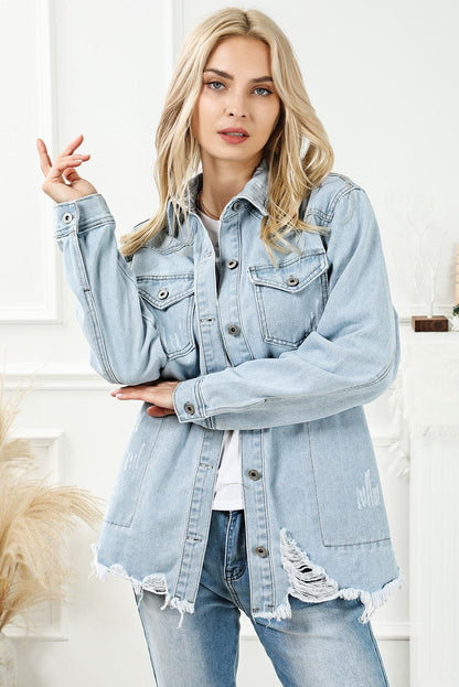 Distressed Button Up Frayed Hem Denim Jacket.