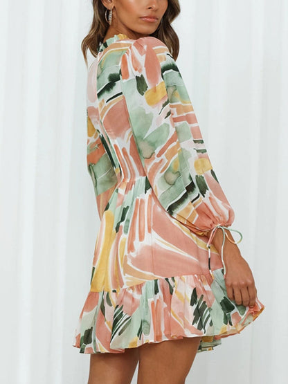 Printed Mock Neck Balloon Sleeve Mini Dress.