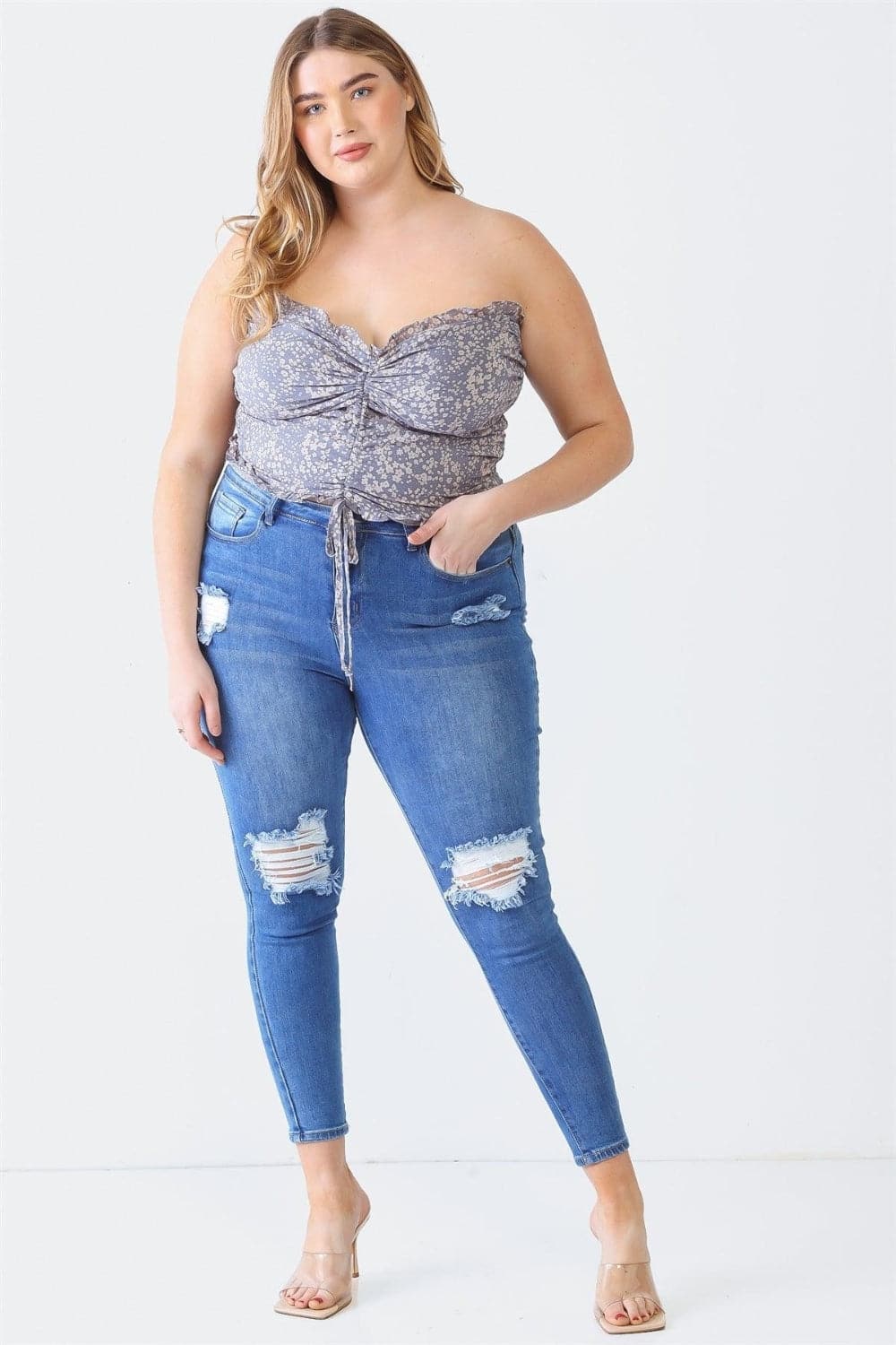 Zenobia Plus Size Drawstring Smocked Floral Tube Top.