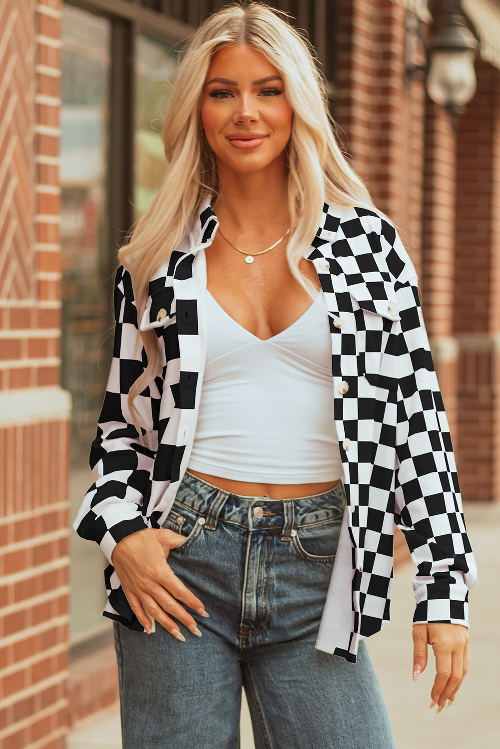 Black Checkerboard Flap Pocket Button Front Shacket For Casual Wear Lightweight Street Style Outerwear Dear-Lover Dropshipping