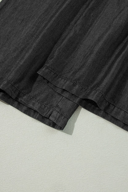 Chic black frilled smocked high waist wide leg jeans with side pockets