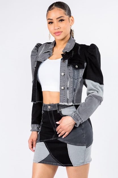 Trendy cropped denim jacket with patchwork and puff sleeves