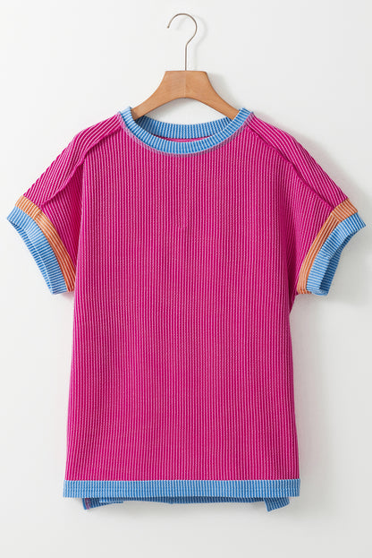 Vibrant pink textured t-shirt with stylish contrast trim