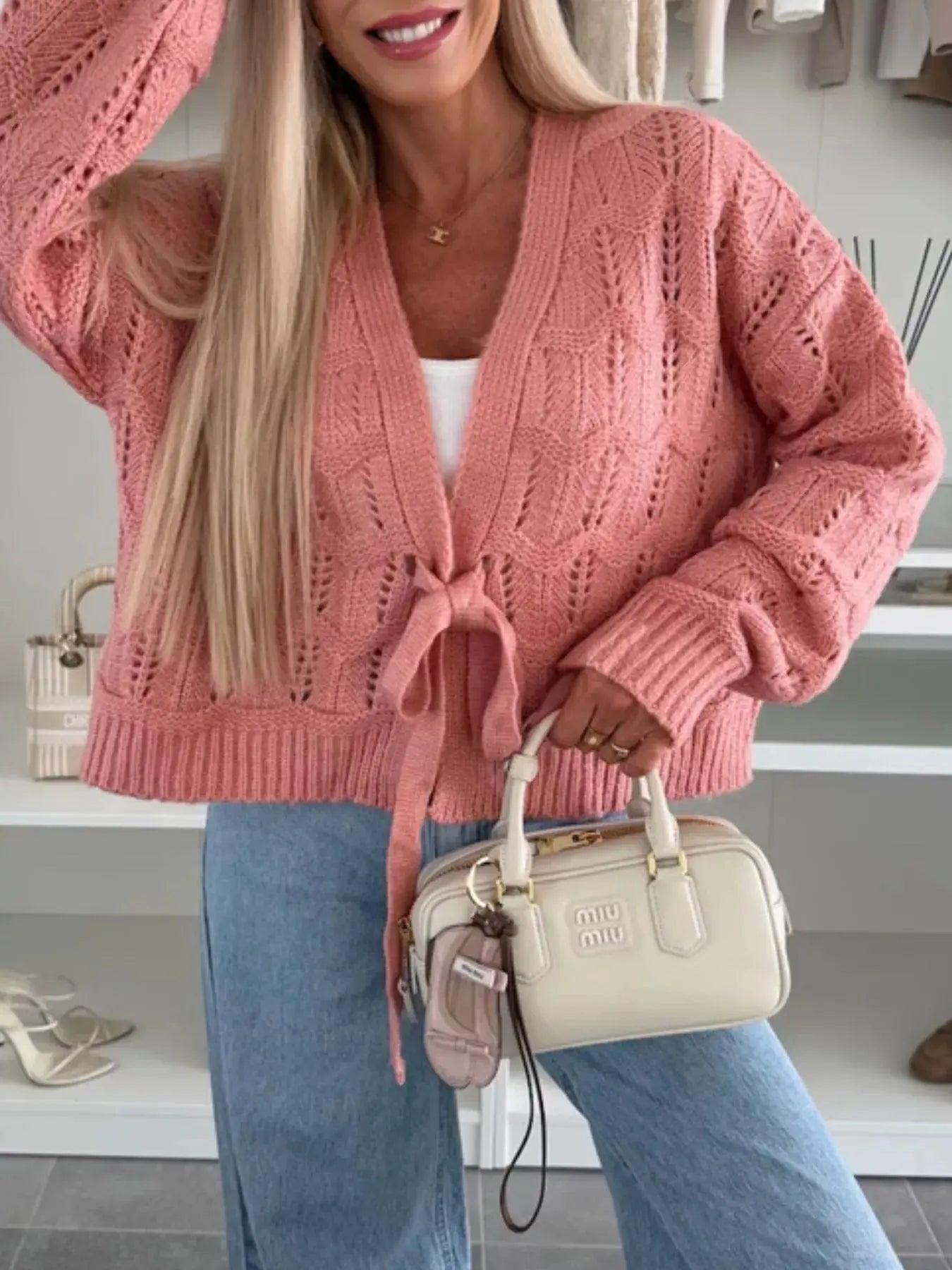 Tie-Front Openwork Cardigan Simply Love