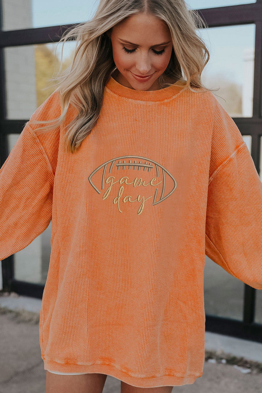 Premium Orange Rugby Game Day Embroidered Corduroy Sweatshirt