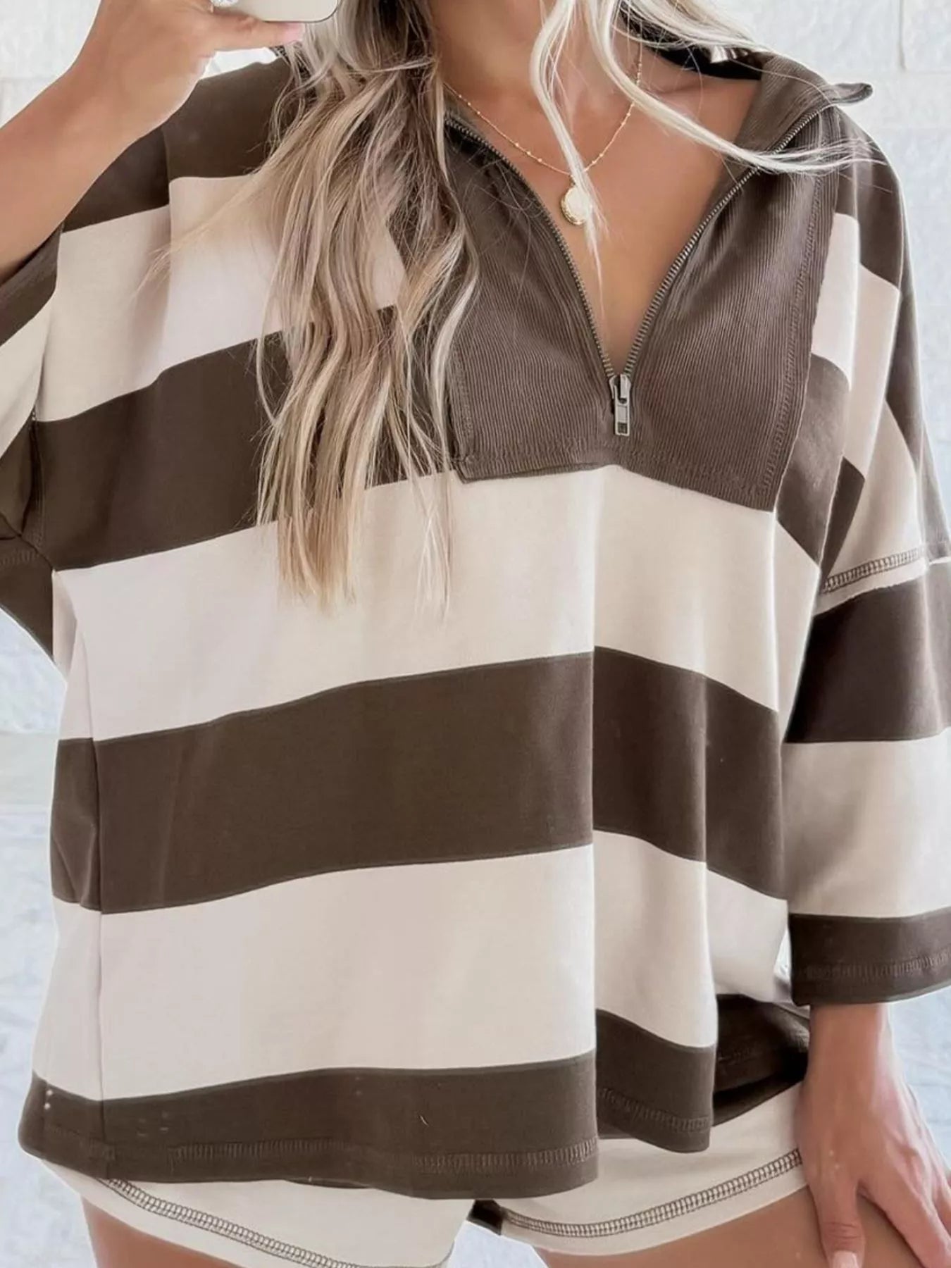 Striped Quarter-Zip Long Sleeve Sweatshirt Simply Love