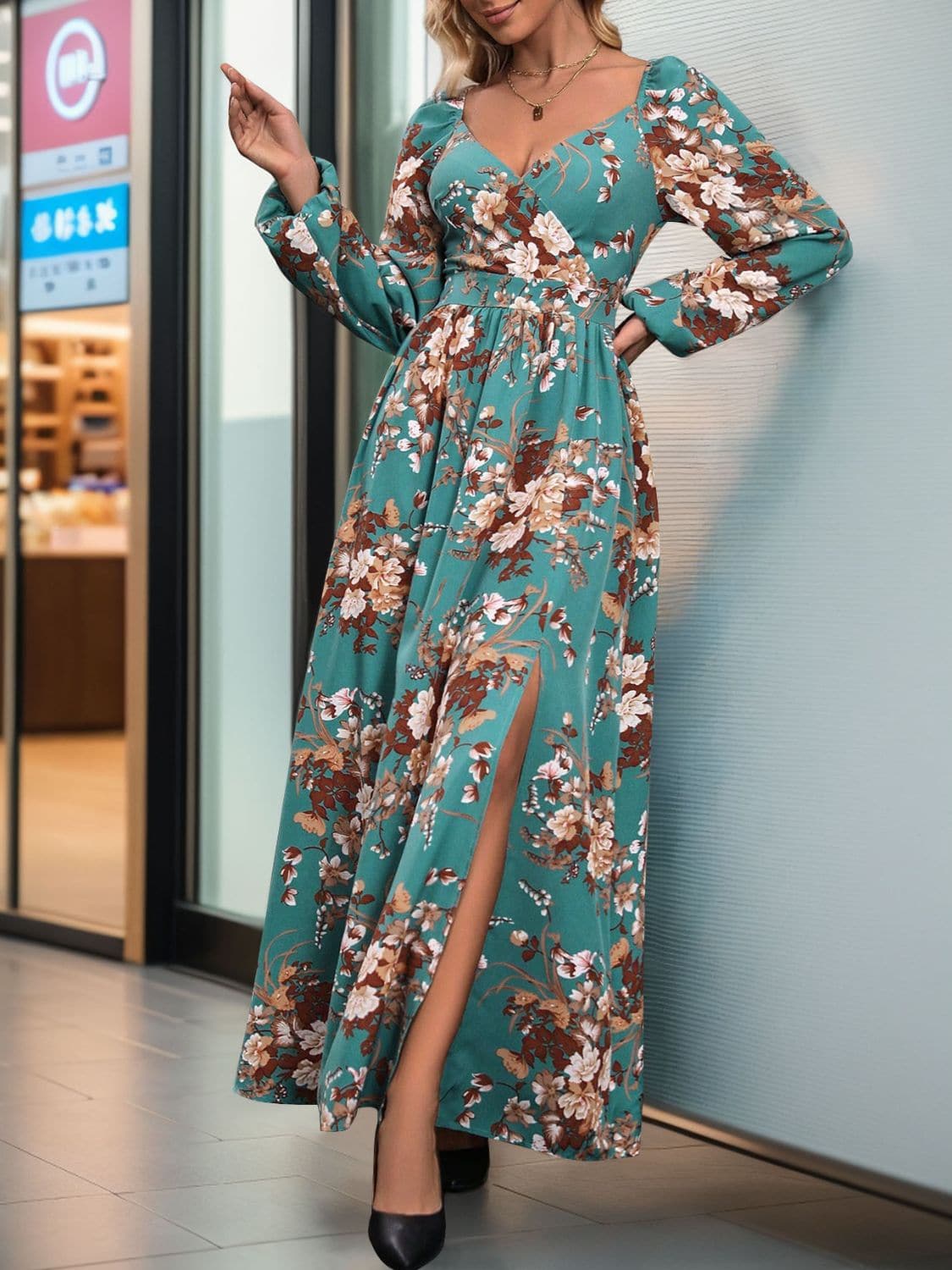 Slit Printed Surplice Long Sleeve Maxi Dress.