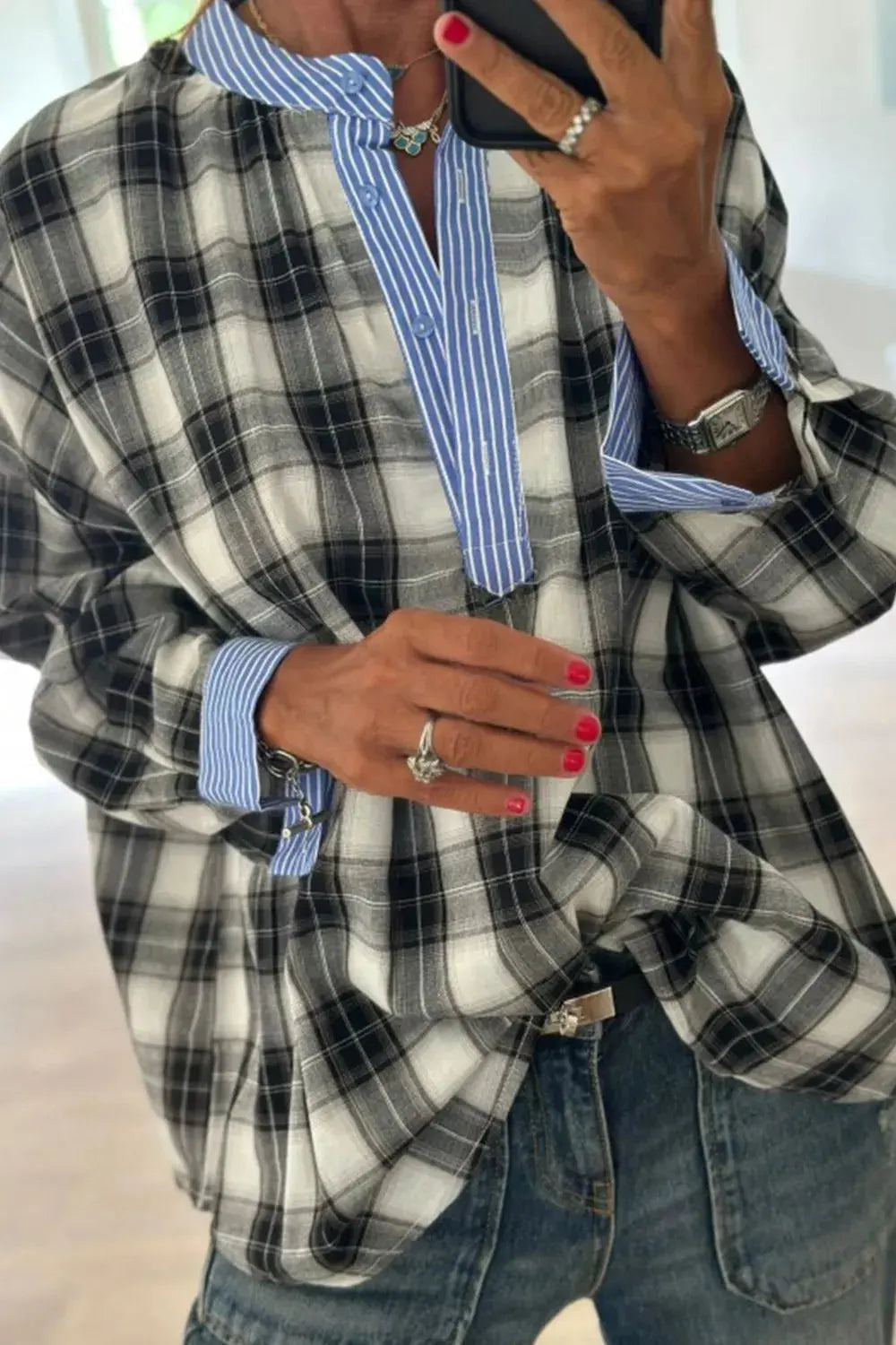Contrast Striped Edge Half Placket Plaid Blouse Simply Love