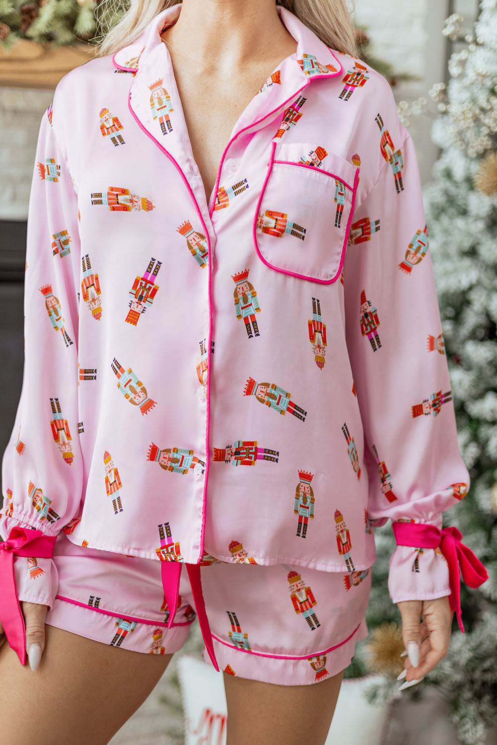 Pink Nutcracker Print Two Piece Pajama Set Contrast Trim Bow Dear-Lover Dropshipping