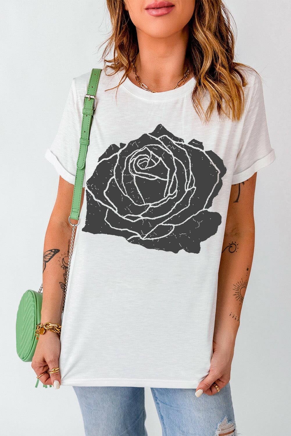 Rose Graphic Round Neck Short Sleeve T-Shirt.