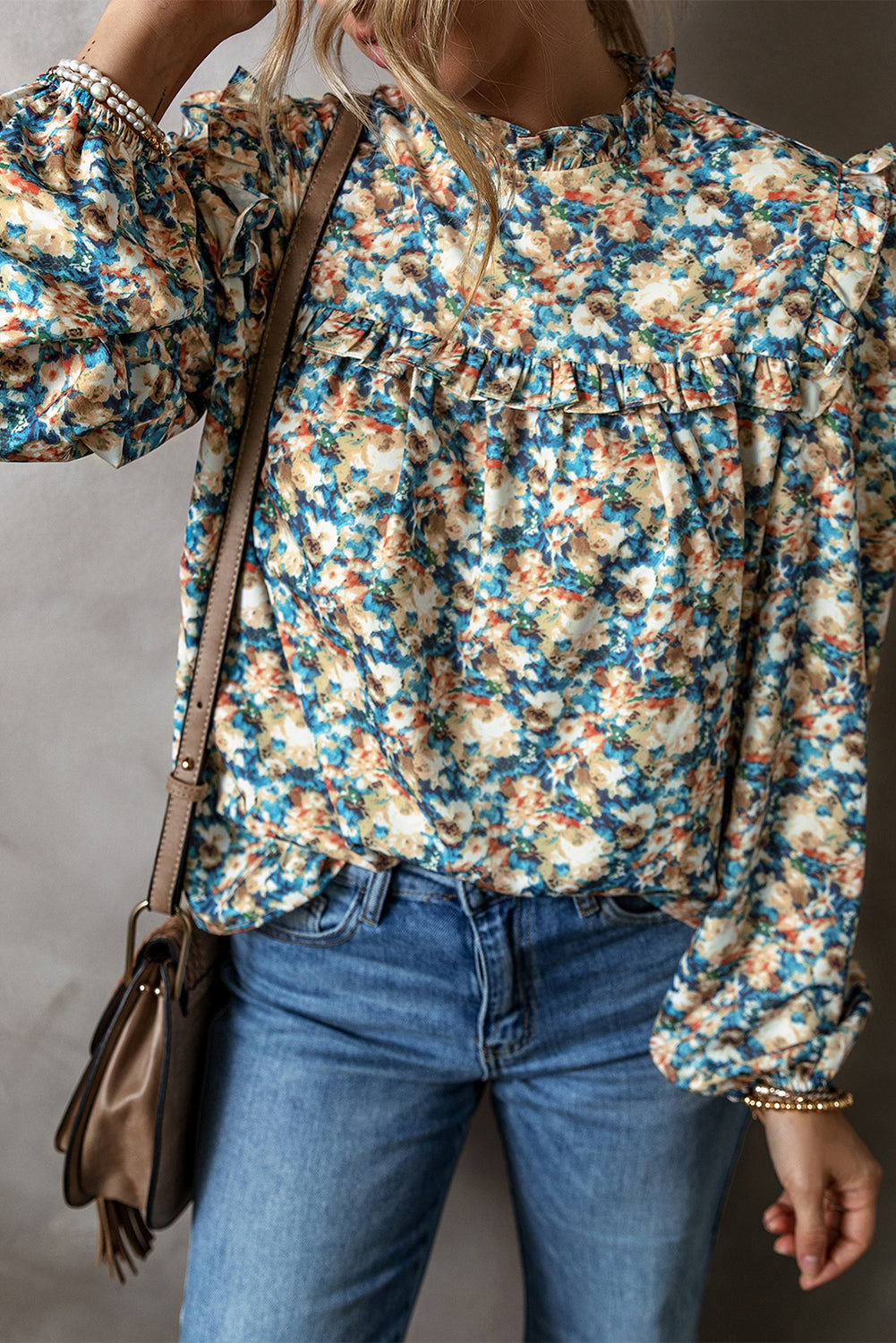 Floral frilled mock neck blouse with puff sleeves in sky blue