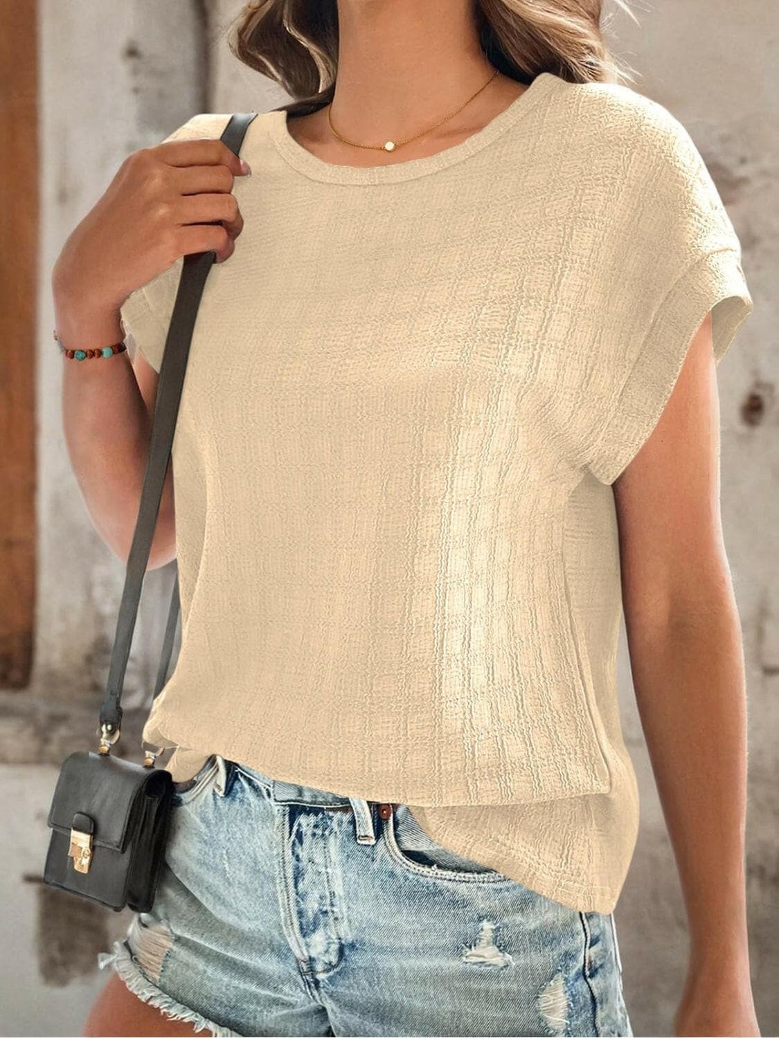 Textured Round Neck Short Sleeve Top.