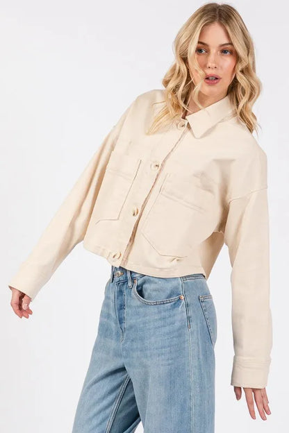 Bytos Button Down Cropped Denim Jacket With Patch Pockets In Cream - Love Salve 