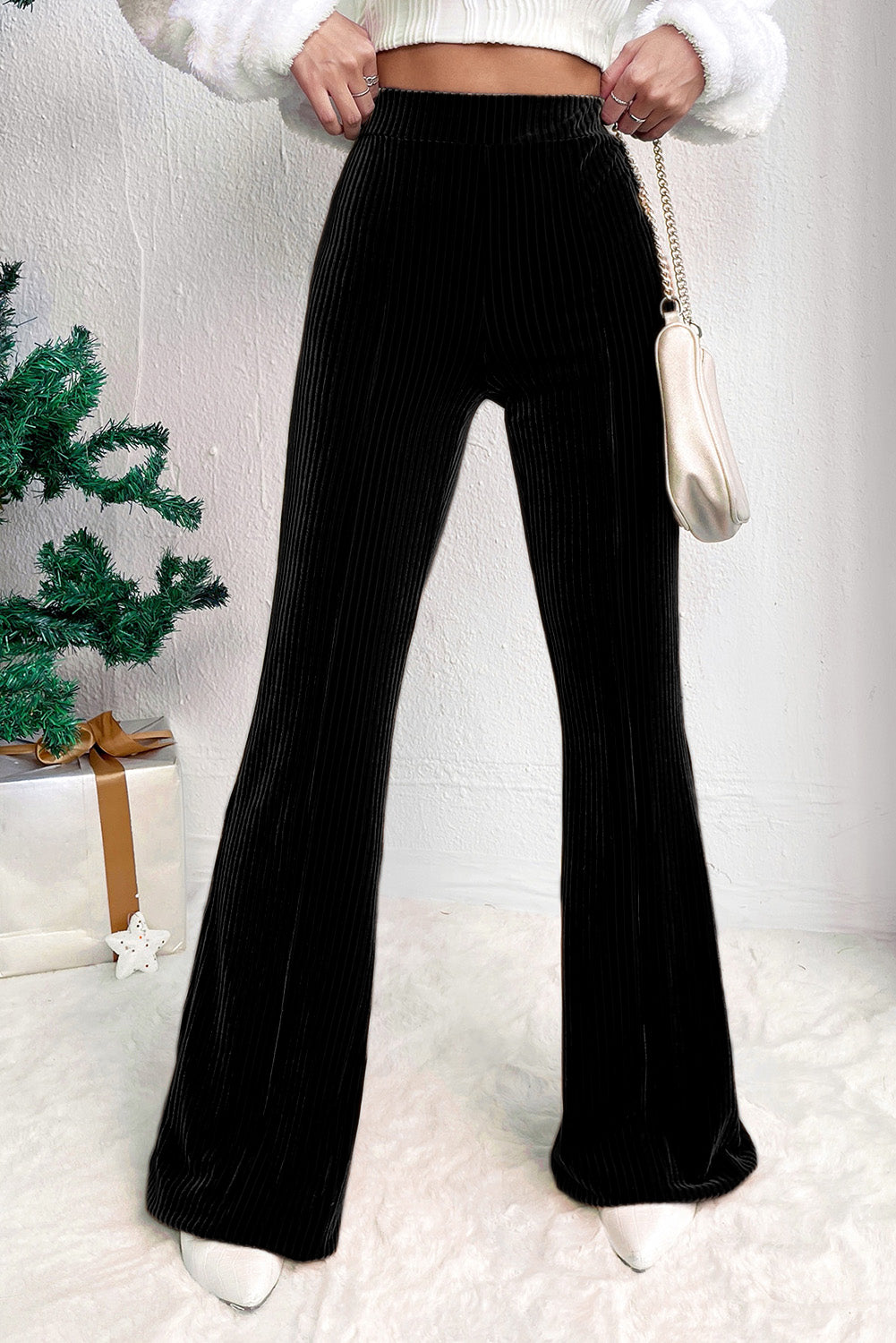 Chic black high-waist corduroy flare pants