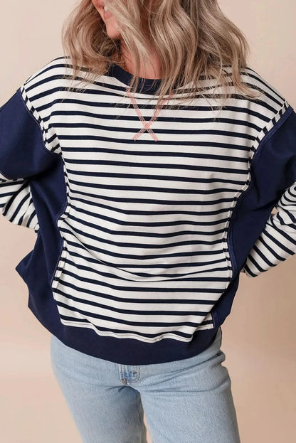 Chic striped long sleeve sweatshirt with exposed seams