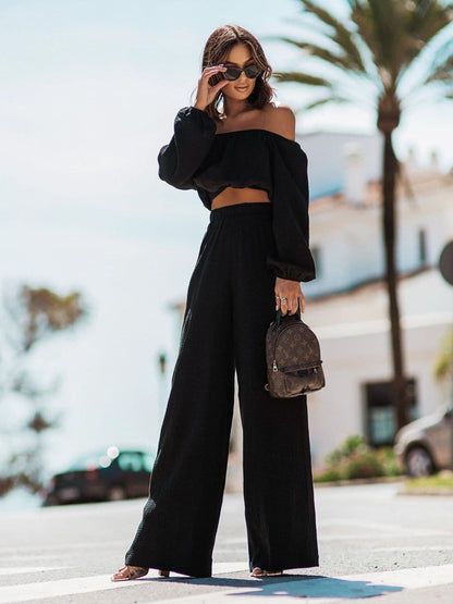 Off Shoulder Long Sleeve Top and Pants Set.