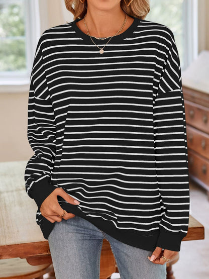 Cozy striped long sleeve crewneck sweatshirt