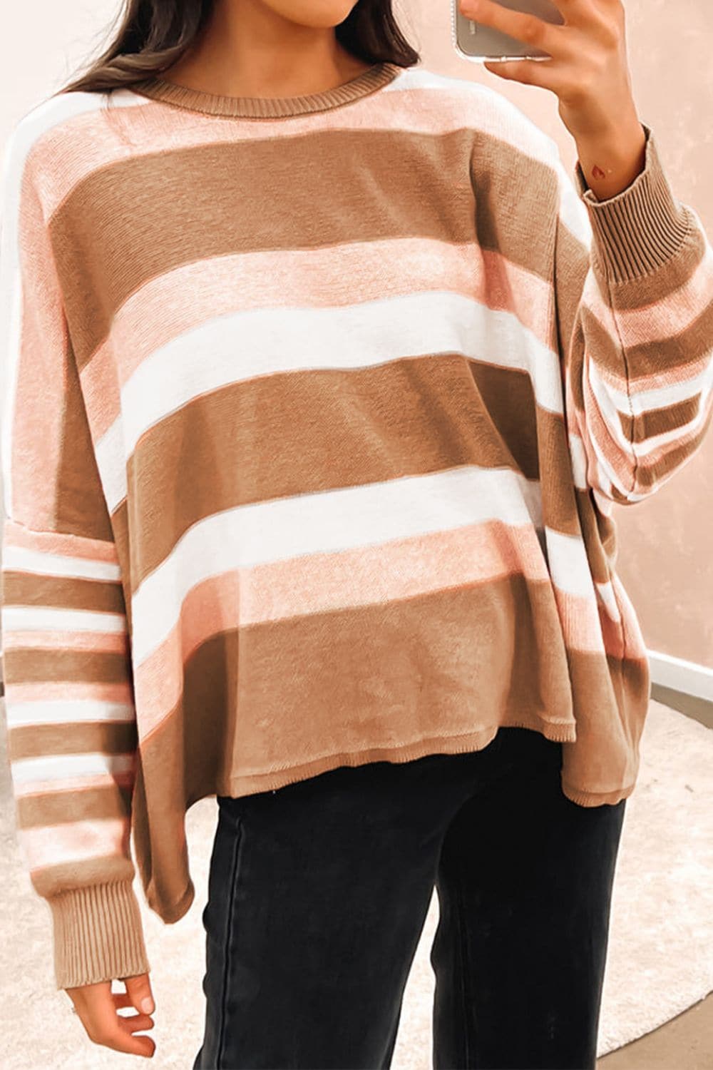 Striped Round Neck Long Sleeve Sweater.