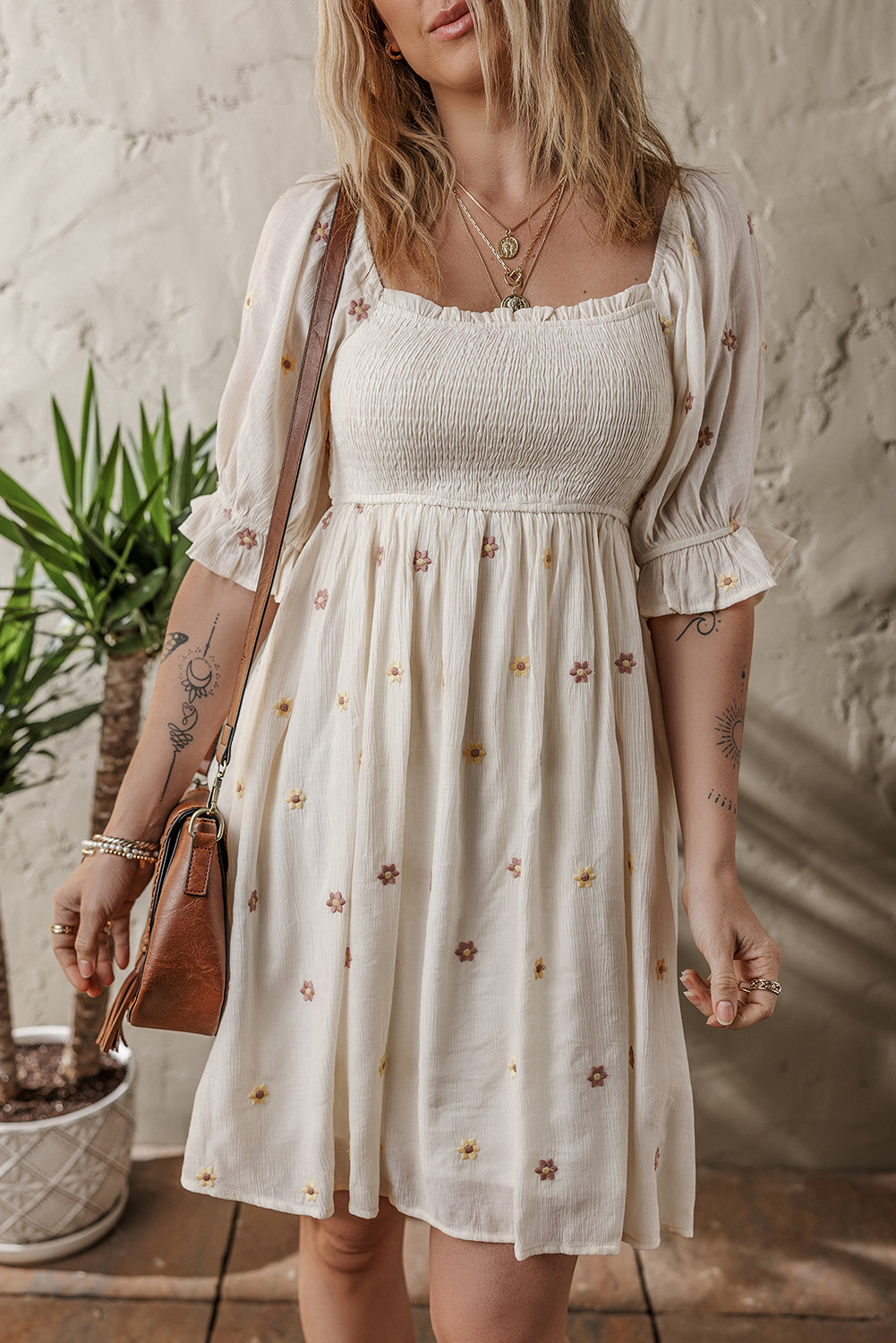 Beige Embroidered Flower Smocked Bust Half Puff Sleeve Dress