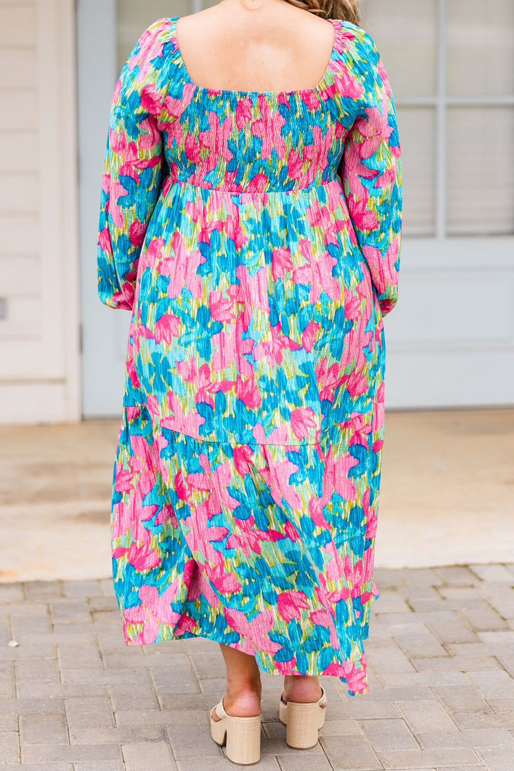 Sky Blue Floral Allover Print Shirred Square Neck Plus Size Maxi Dress