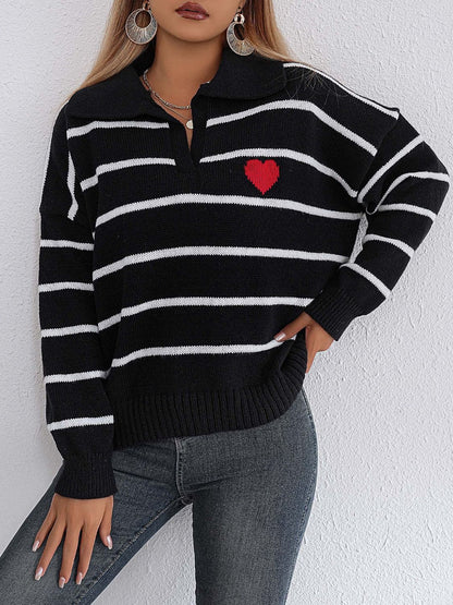 Stylish striped long sleeve sweater with Johnny collar