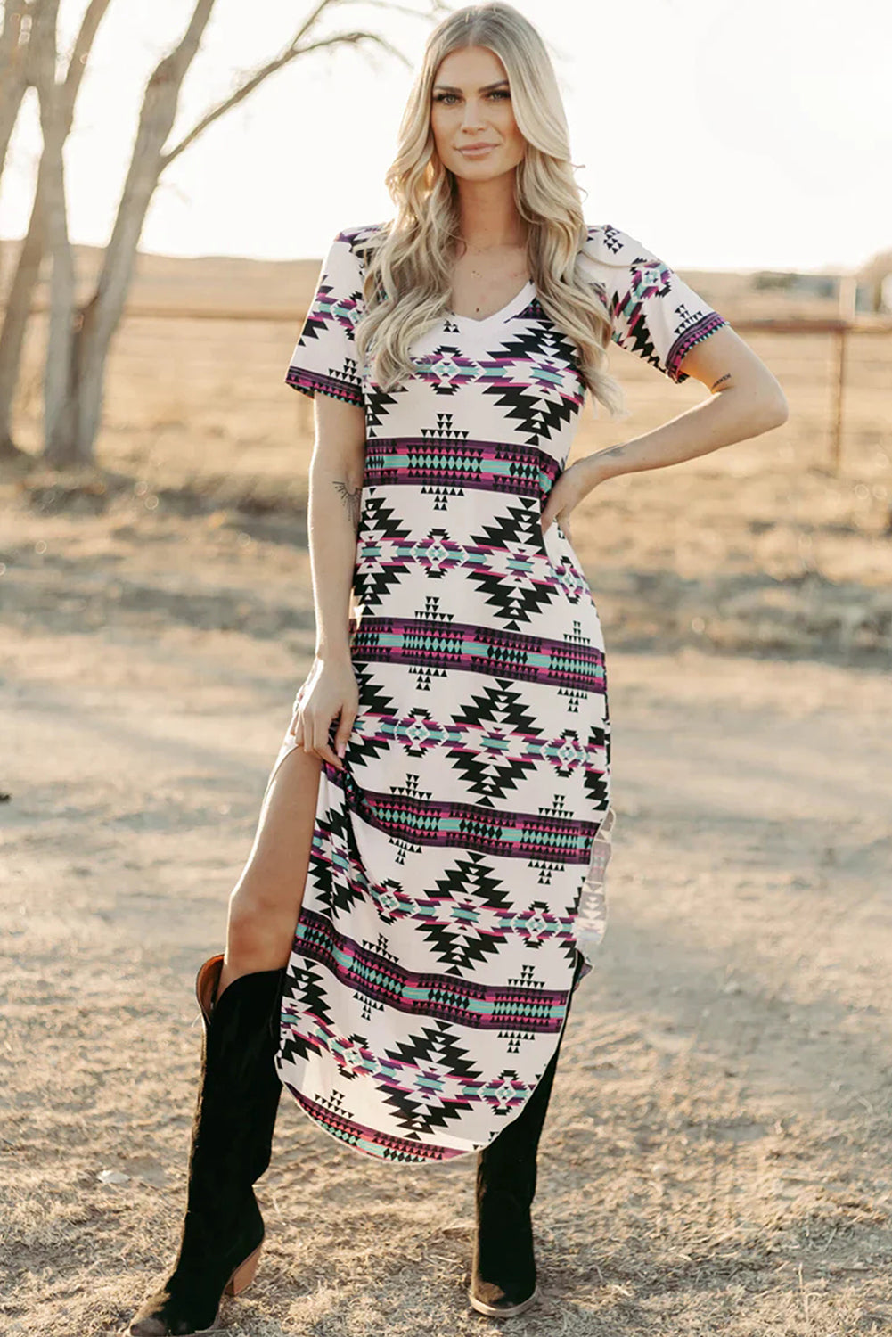 Beige Western Aztec Printed Long T-shirt Dress for Women