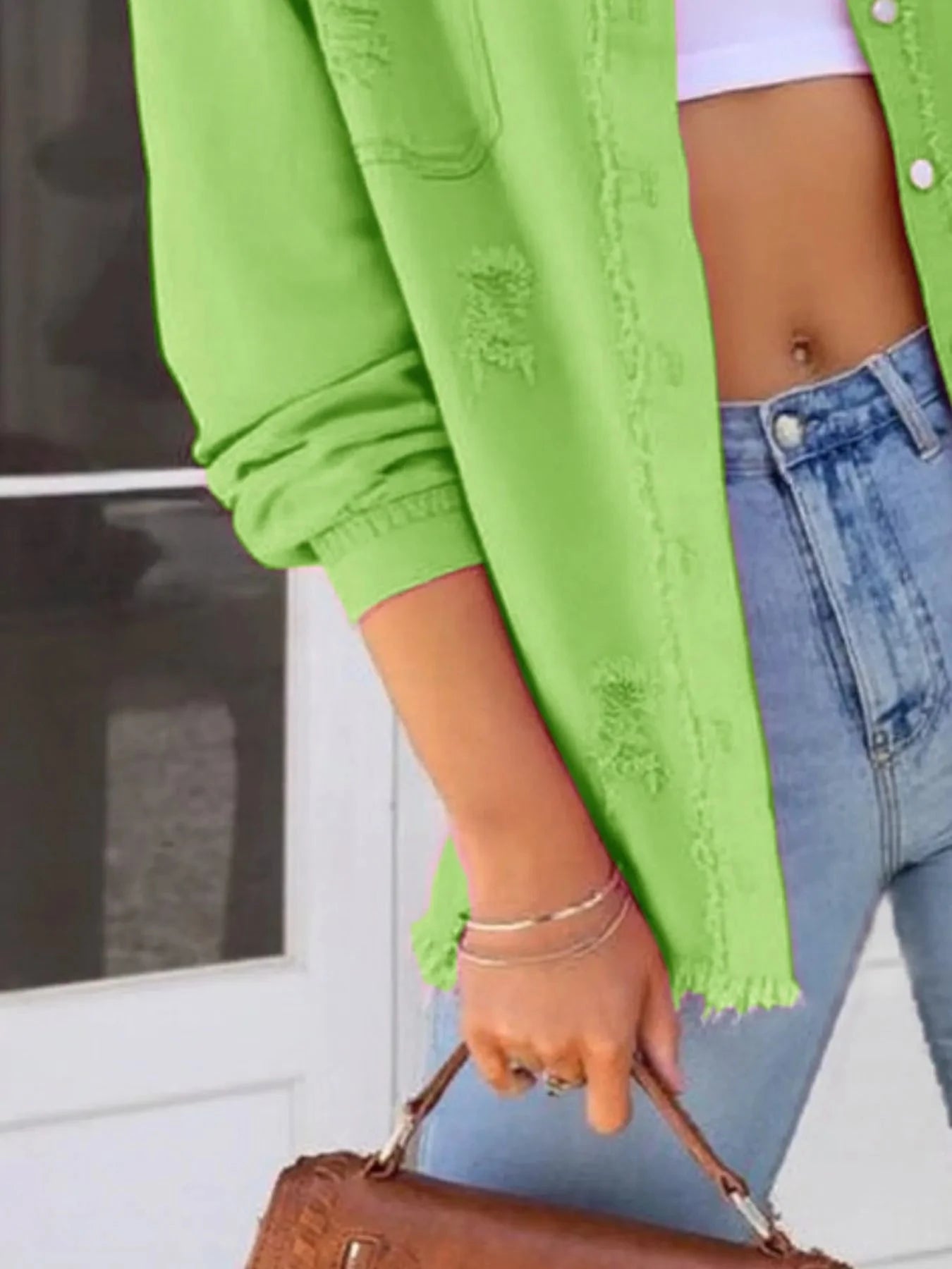 Distressed Denim Jacket with Frayed Edges Coco’s Tee Boutique