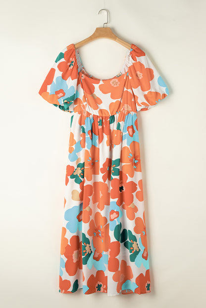 Charming orange floral print plus size maxi dress with shirred detailing