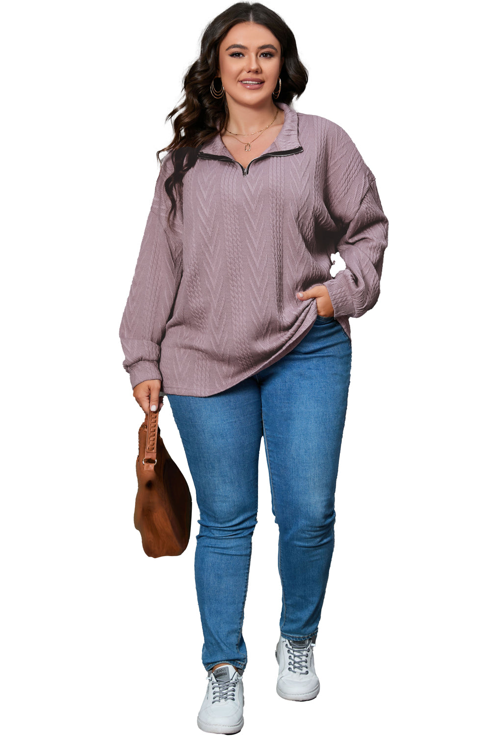 Curvy chic textured knit zip-up pullover