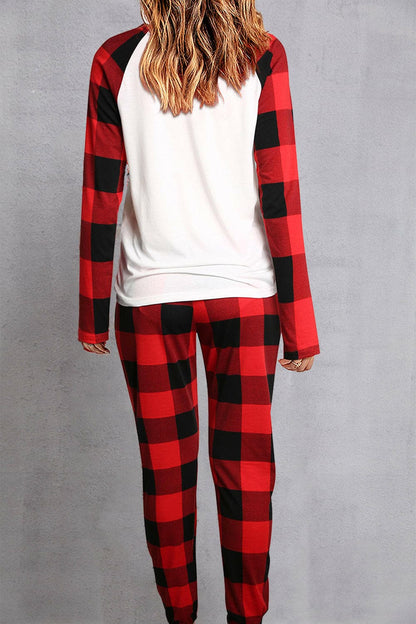 Plaid Round Neck Top and Pants Set.