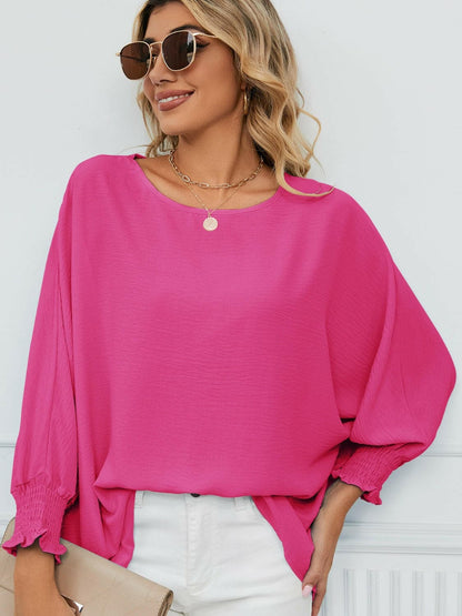 Smocked Lantern Sleeve Round Neck Blouse.