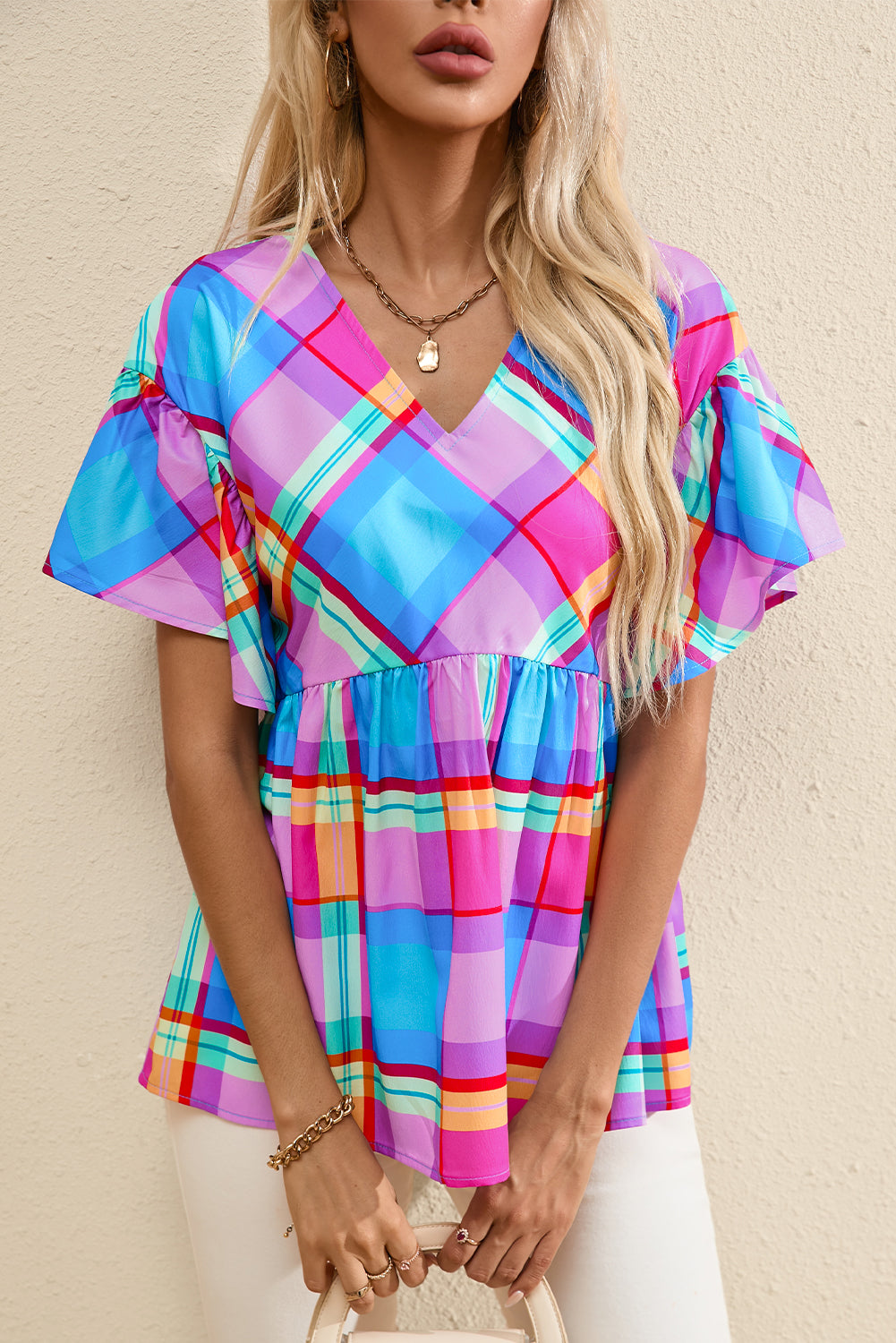 Sky Blue Plaid Ruffled V Neck Babydoll Top for Effortless Style