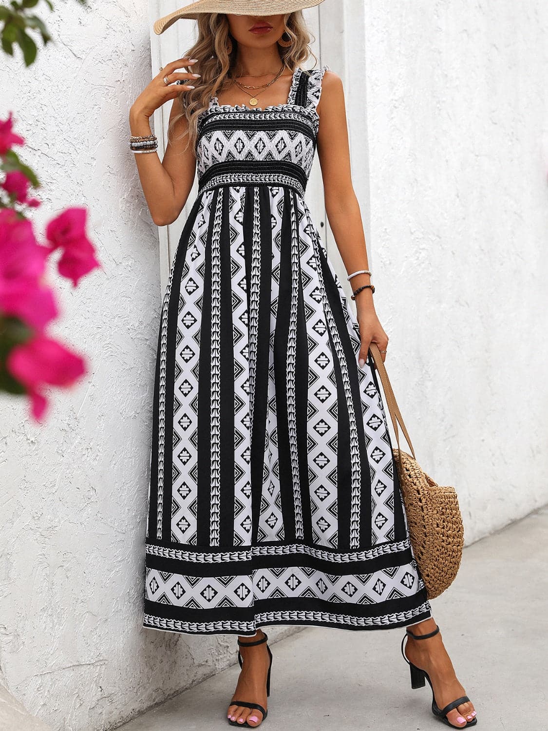 Printed Square Neck Wide Strap Cami Dress.