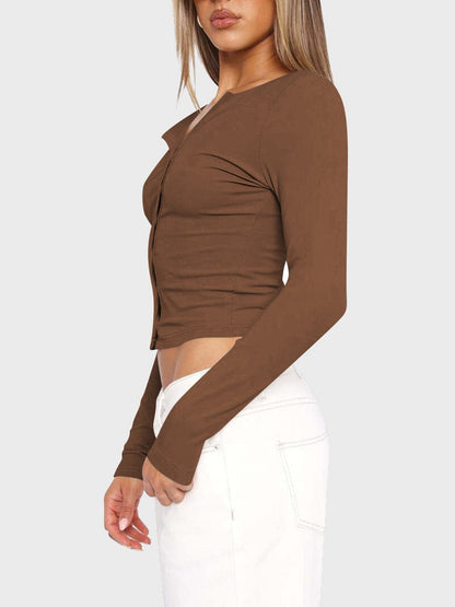 Button Up Round Neck Long Sleeve T-Shirt.