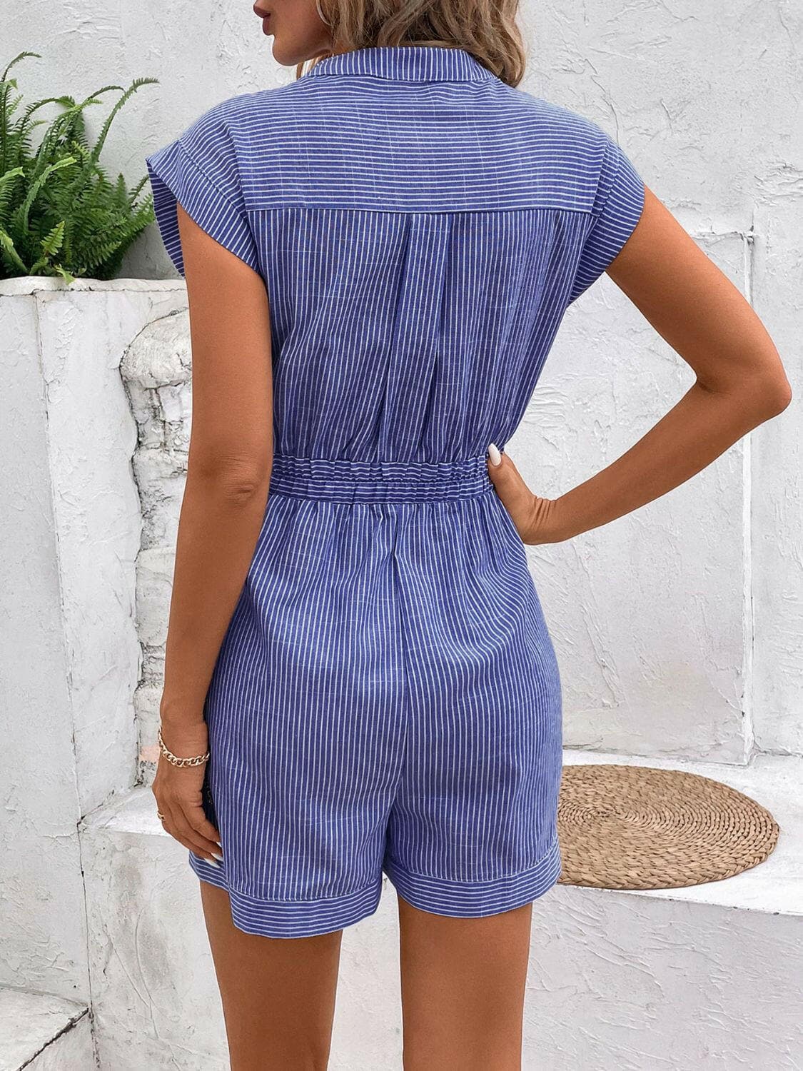 Striped Notched Tie Waist Romper.