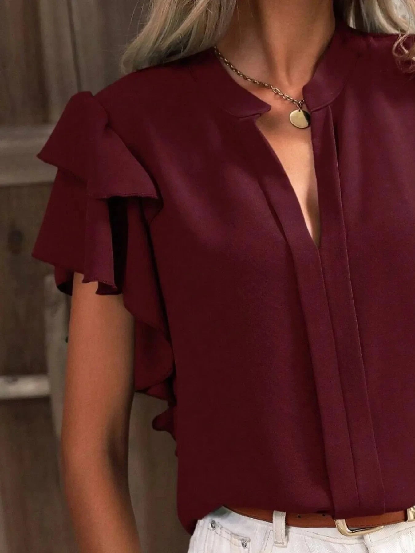 Ruffle Sleeve Notched Blouse Coco’s Tee Boutique