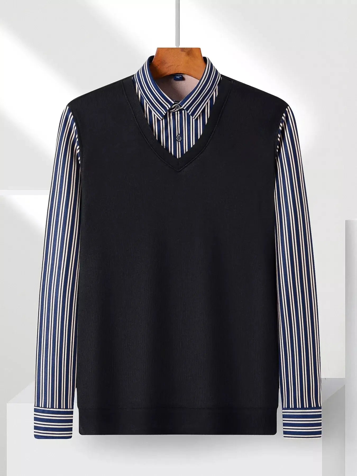 Men's Plus Size Striped Long Sleeve Fake Two Piece Knit Top Simply Love