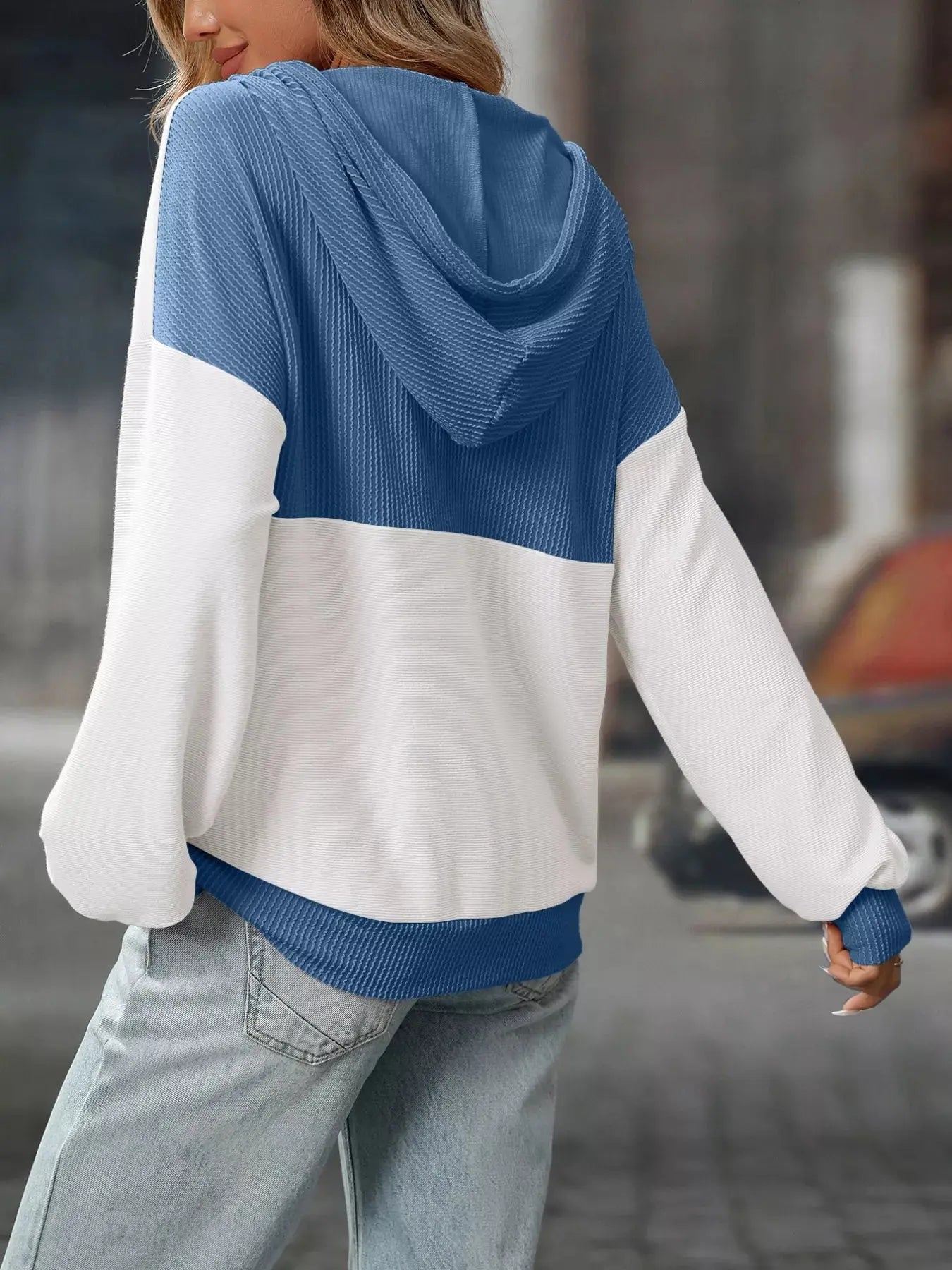 Casual Color Block Button Detail Hoodie Simply Love