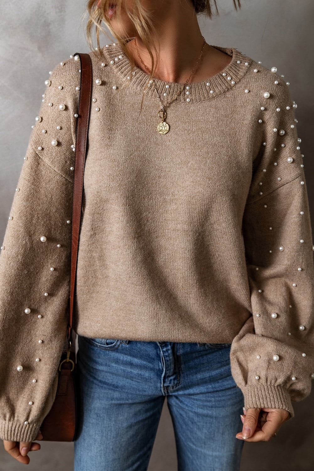 Pearl Detail Round Neck Long Sleeve Sweater.