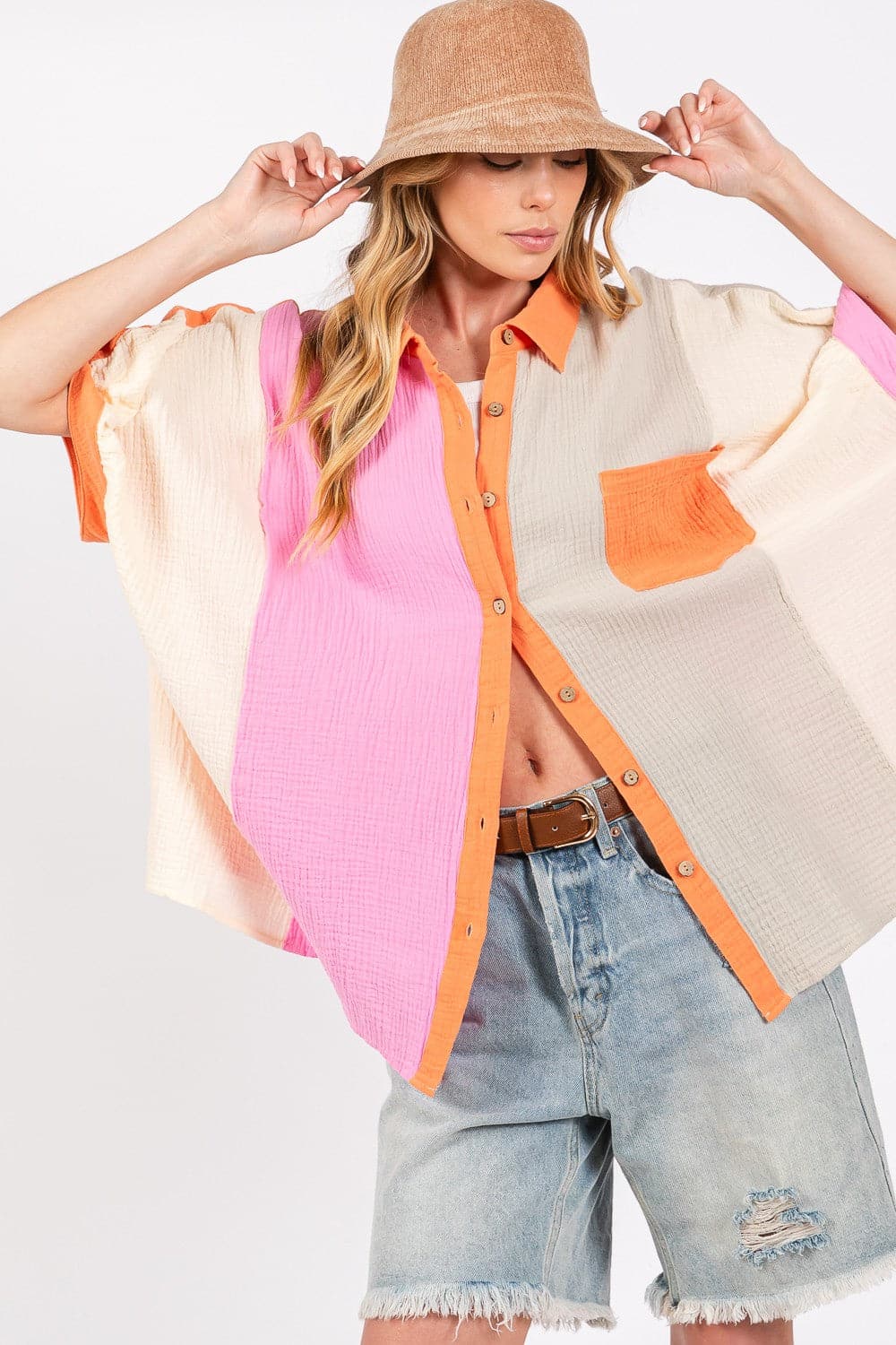 SAGE + FIG Full Size Color Block Button-Down Shirt.