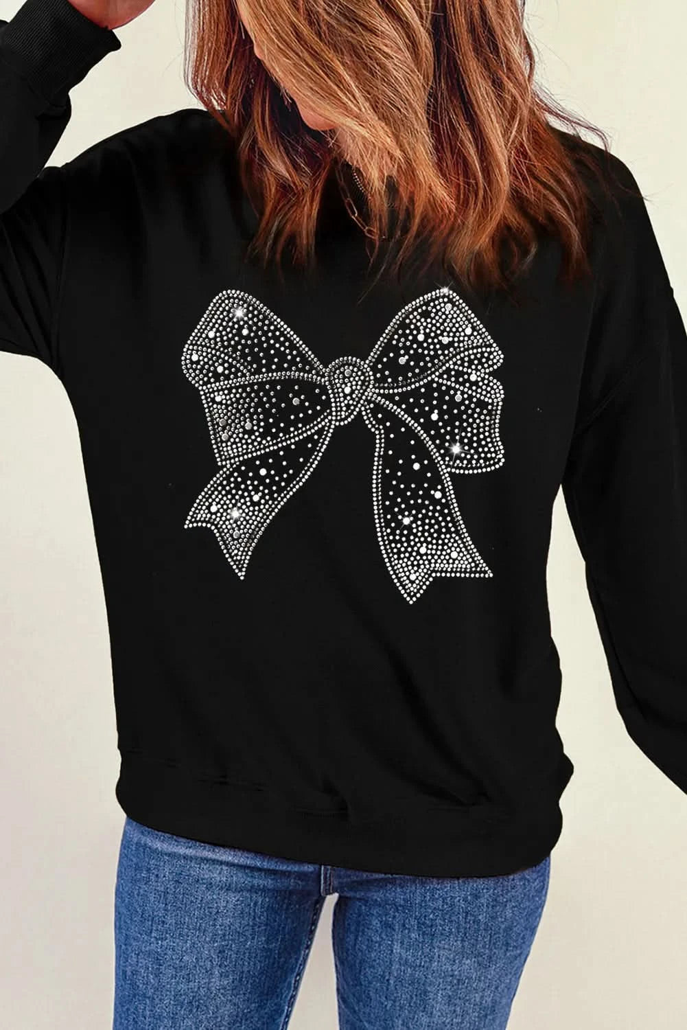 Rhinestone-embellished bow long sleeve sweatshirt with round neck