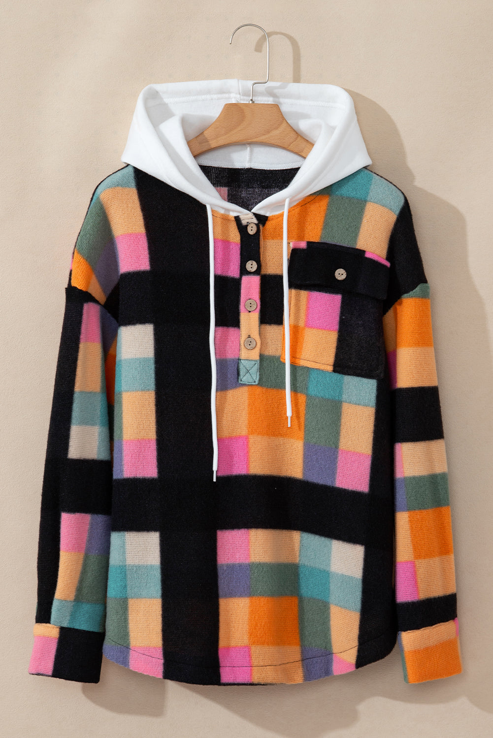 Colorful plaid buttoned hoodie with flap pockets