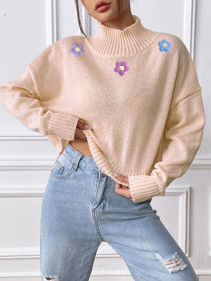 Floral elegance turtleneck long sleeve sweater