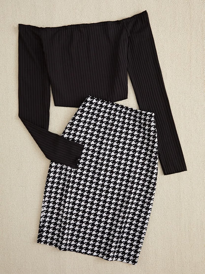 Chic Off-Shoulder Two-Piece Set with Houndstooth Skirt