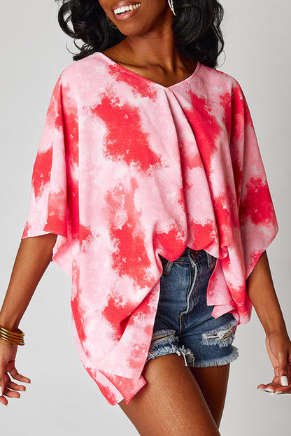 Vibrant red plus size tie-dye tunic with 3/4 sleeves