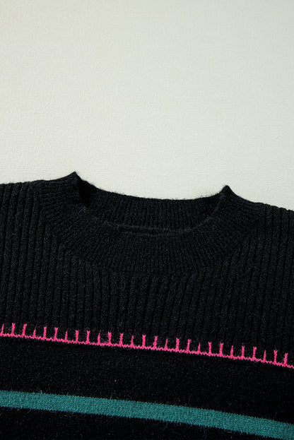 Striped ribbed sweater with colorful accents in black