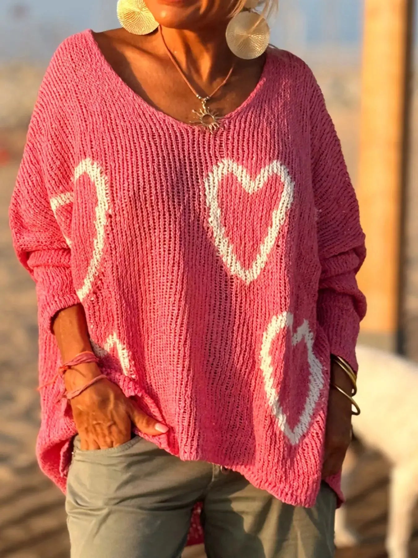 Heart V-Neck Dropped Shoulder Sweater Simply Love