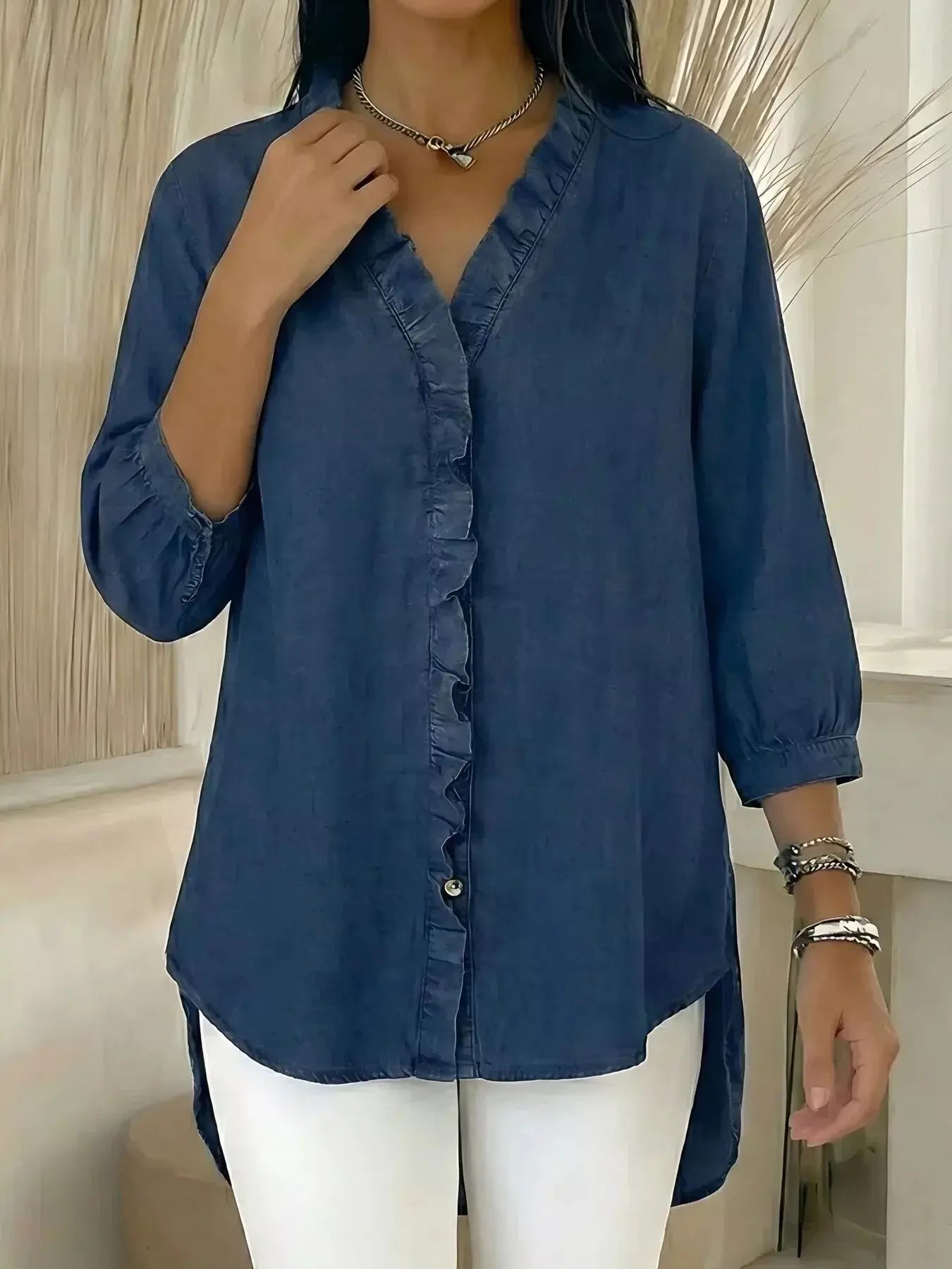 Full Size V-Neck Ruffled Button Down Shirt Plus Size Simply Love