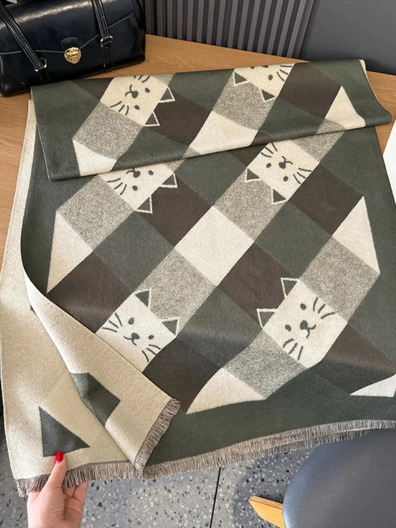 Cute Cat Pattern Plaid Raw Hem Scarf Simply Love